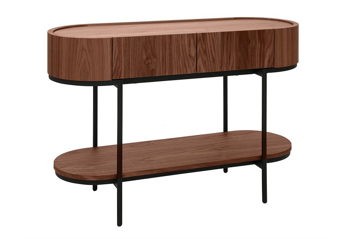 Console design avec tiroirs en bois fonc noyer et mtal noir L110 cm SKYE