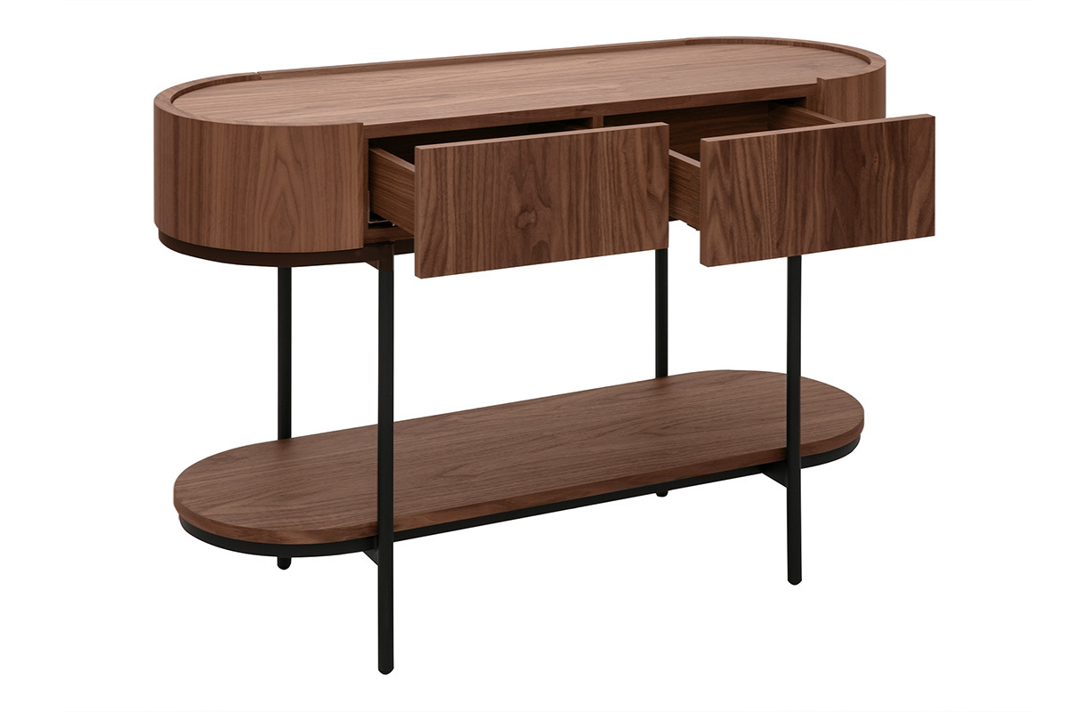 Console design avec tiroirs en bois fonc noyer et mtal noir L110 cm SKYE