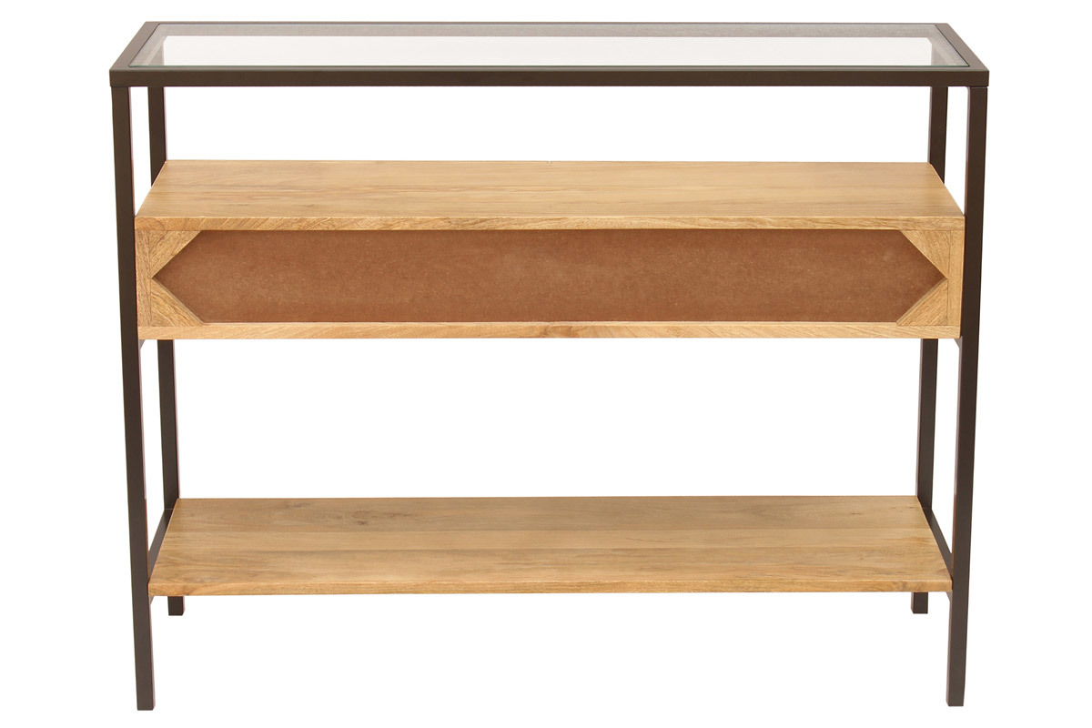 Console en bois clair manguier massif et plateau en verre 2 tiroirs L100 cm SITA