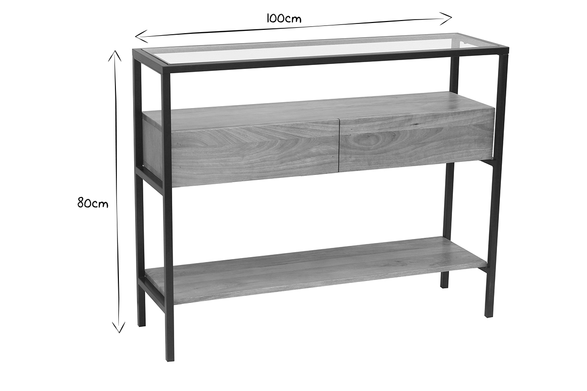 Console en bois clair manguier massif et plateau en verre 2 tiroirs L100 cm SITA