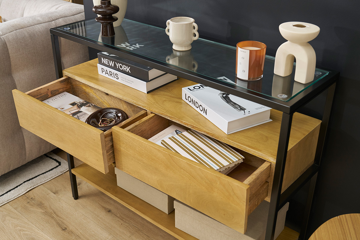 Console en bois clair manguier massif et plateau en verre 2 tiroirs L100 cm SITA