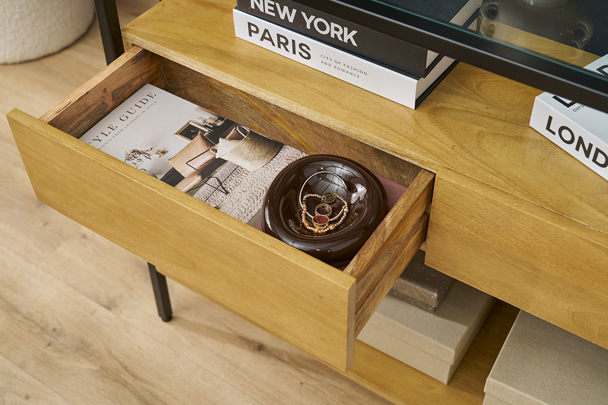 Console en bois clair manguier massif et plateau en verre 2 tiroirs L100 cm SITA