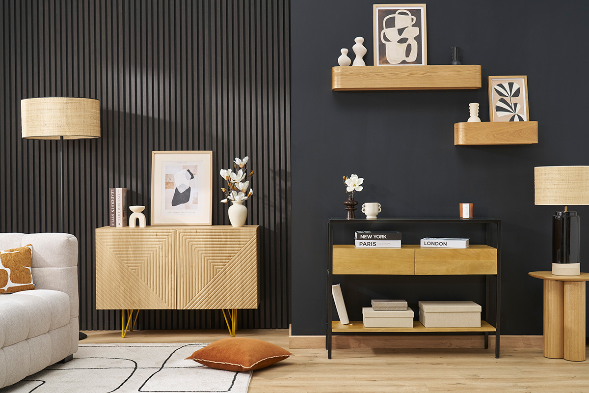 Console en bois clair manguier massif et plateau en verre 2 tiroirs L100 cm SITA