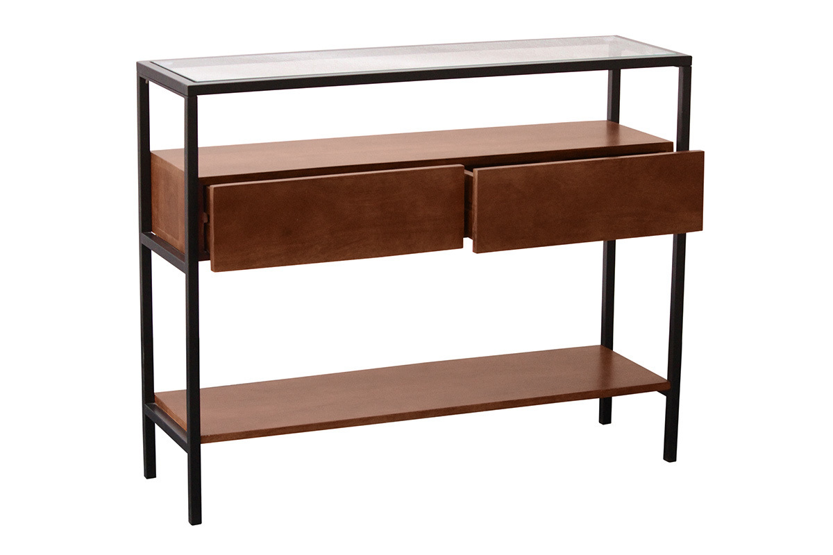 Console en bois fonc� manguier massif et plateau en verre 2 tiroirs L100 cm SITA