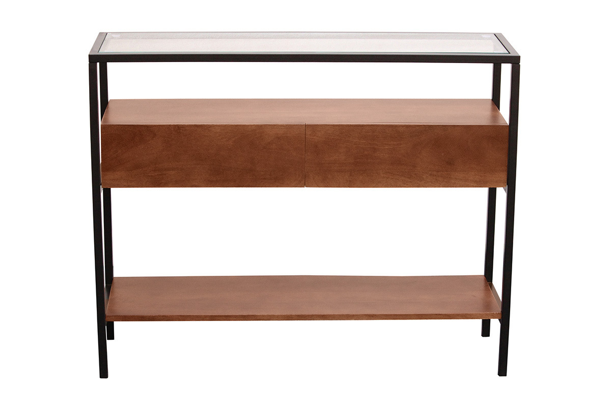 Console en bois fonc� manguier massif et plateau en verre 2 tiroirs L100 cm SITA