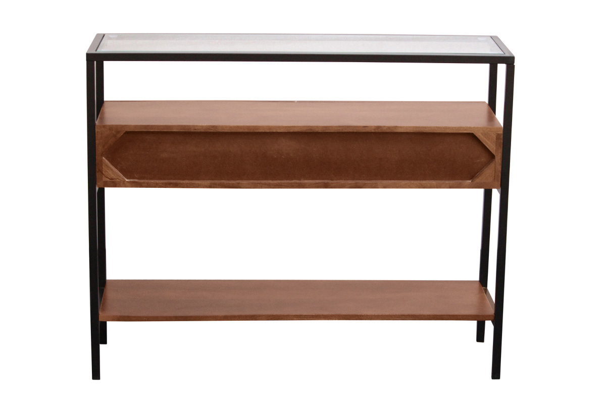 Console en bois fonc� manguier massif et plateau en verre 2 tiroirs L100 cm SITA