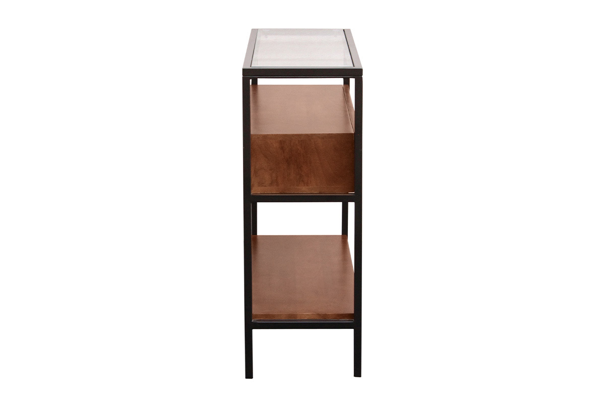 Console en bois fonc� manguier massif et plateau en verre 2 tiroirs L100 cm SITA