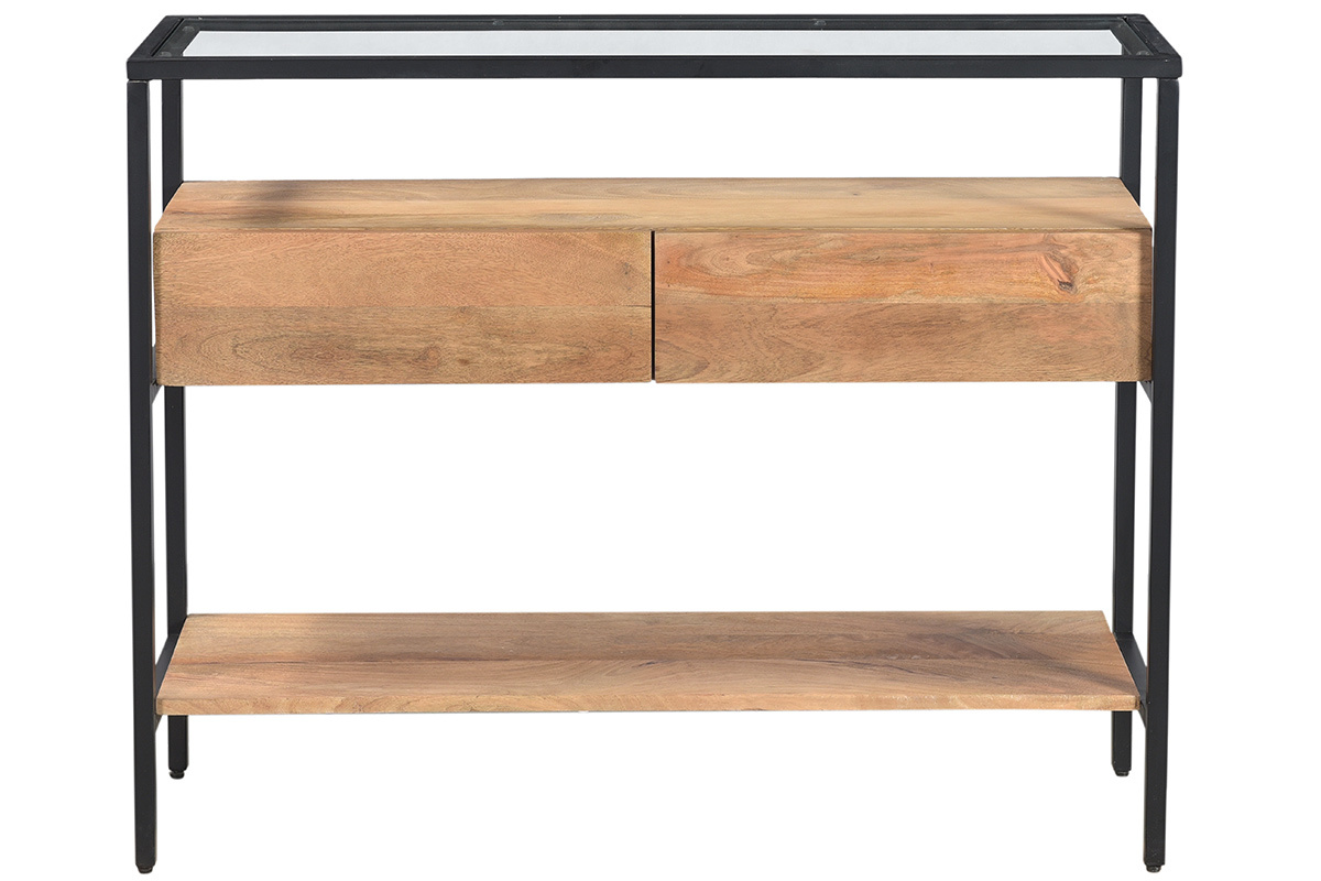 Console en bois manguier massif et plateau en verre 2 tiroirs L100 cm SITA
