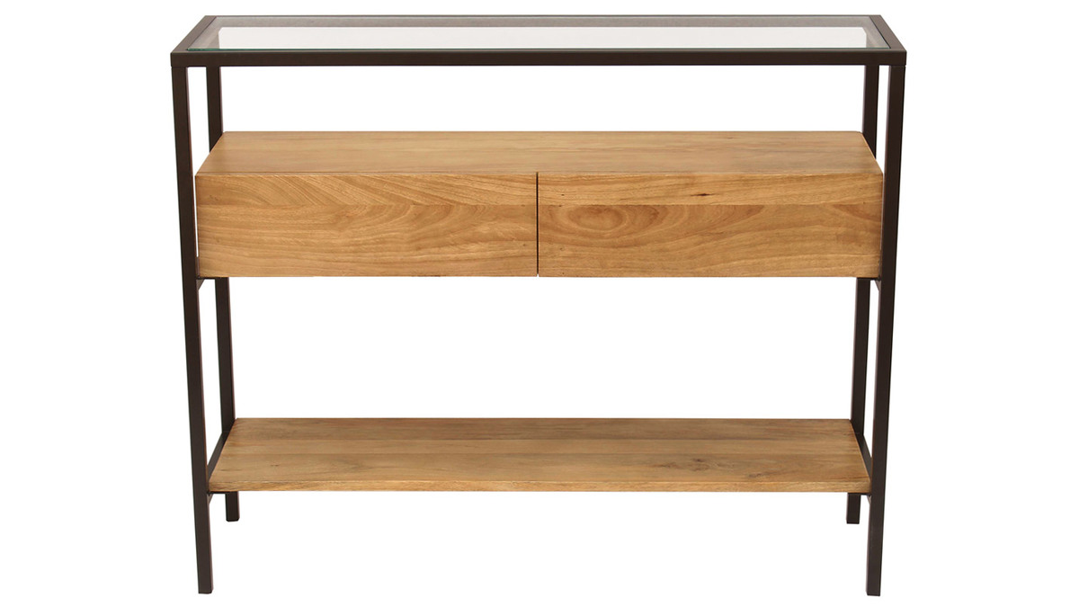 Console en bois manguier massif et plateau en verre 2 tiroirs L100 cm SITA