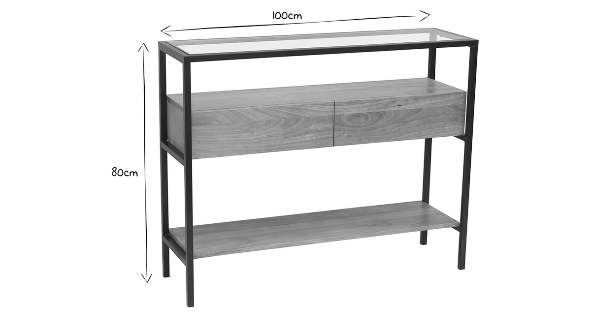 Console en bois manguier massif et plateau en verre 2 tiroirs L100 cm SITA