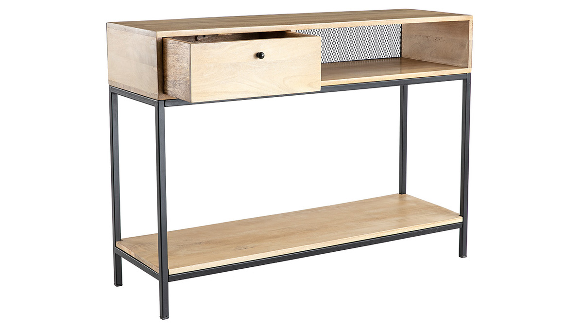 Console industrielle avec rangements 1 tiroir et 1 niche en bois clair manguier massif et mtal noir L110 cm RACK