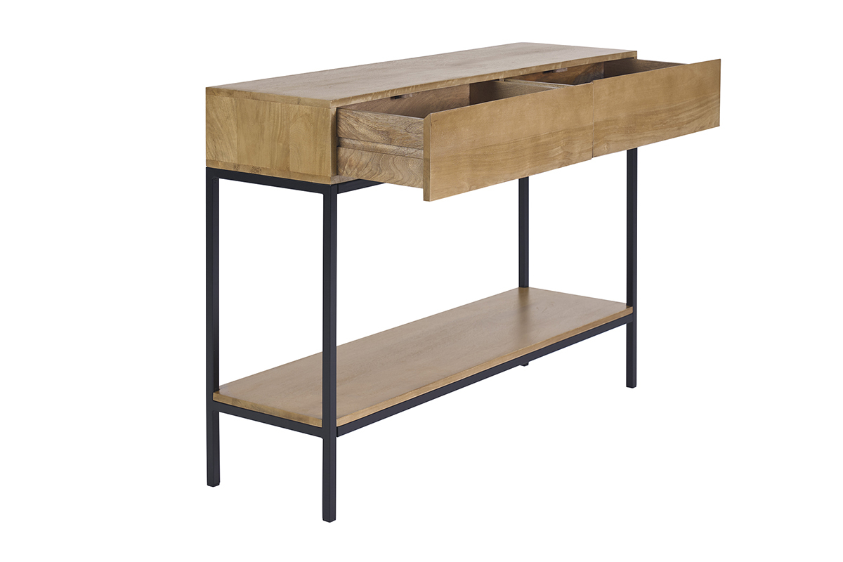 Console industrielle avec rangements 2 tiroirs en bois manguier massif et m�tal noir L110 cm YPSTER