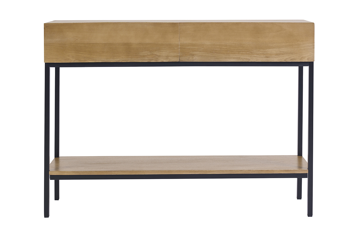 Console industrielle avec rangements 2 tiroirs en bois manguier massif et m�tal noir L110 cm YPSTER