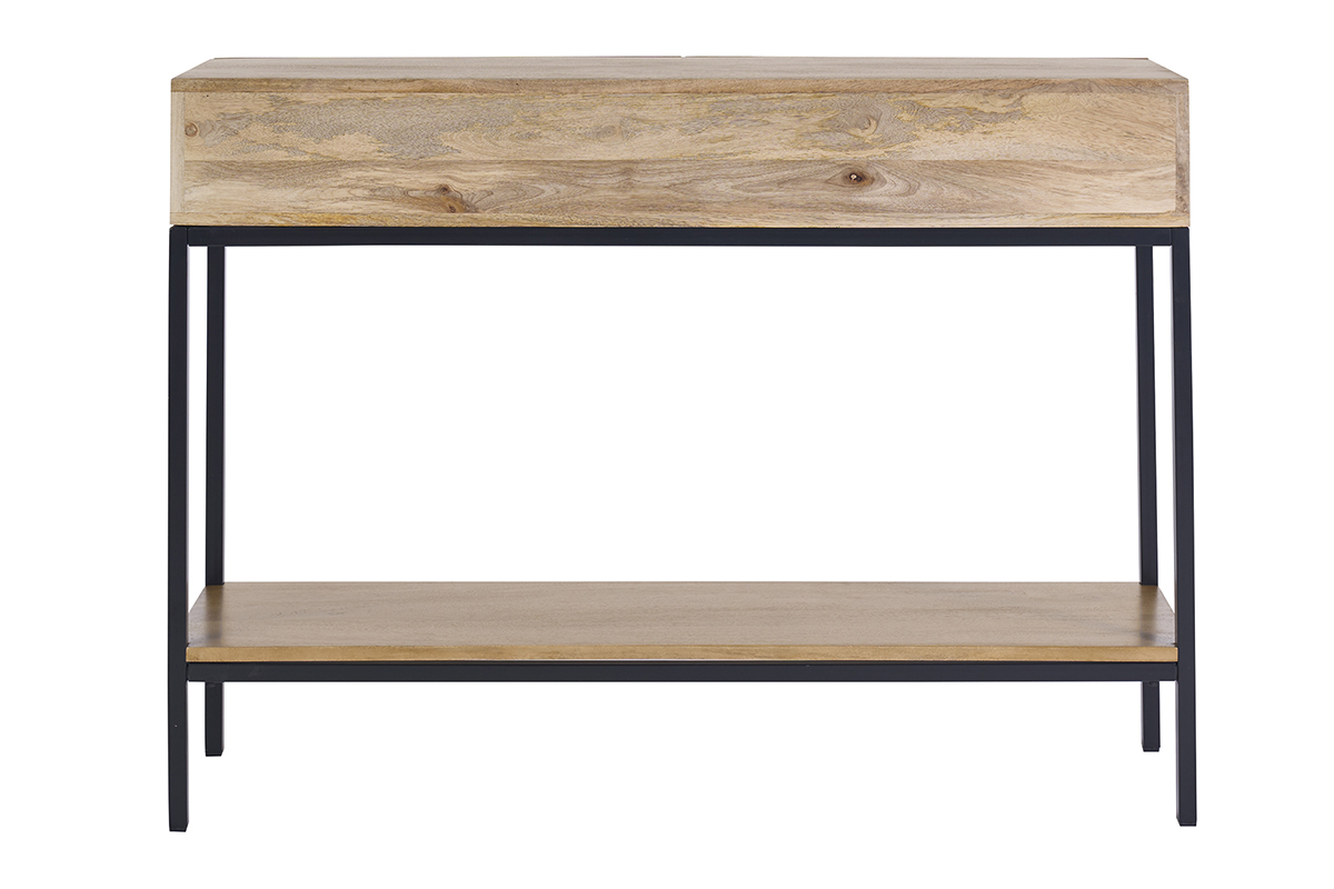 Console industrielle avec rangements 2 tiroirs en bois manguier massif et m�tal noir L110 cm YPSTER