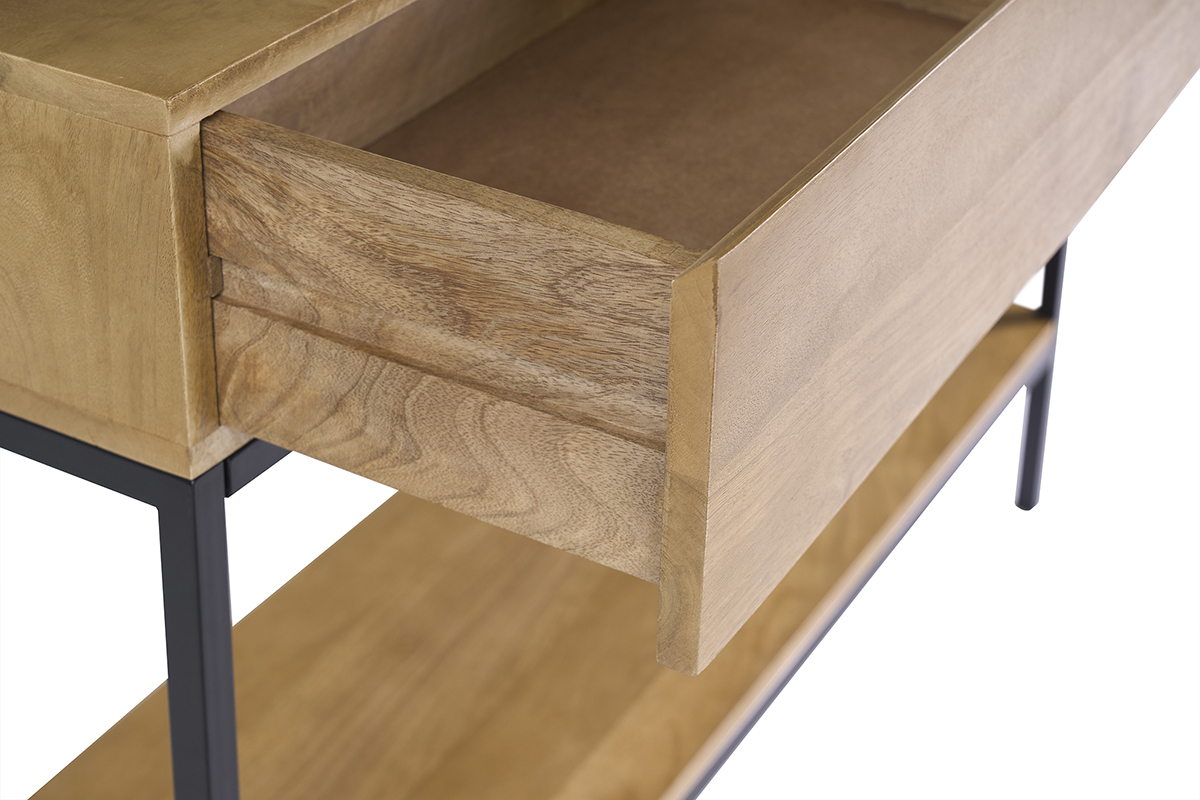 Console industrielle avec rangements 2 tiroirs en bois manguier massif et m�tal noir L110 cm YPSTER
