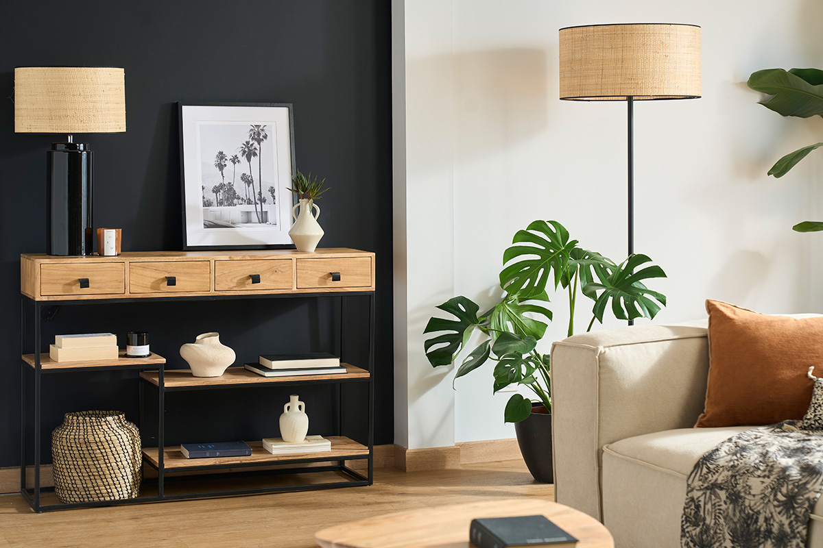 Console industrielle avec rangements 4 tiroirs en bois massif et mtal noir L115 cm GRENELLE
