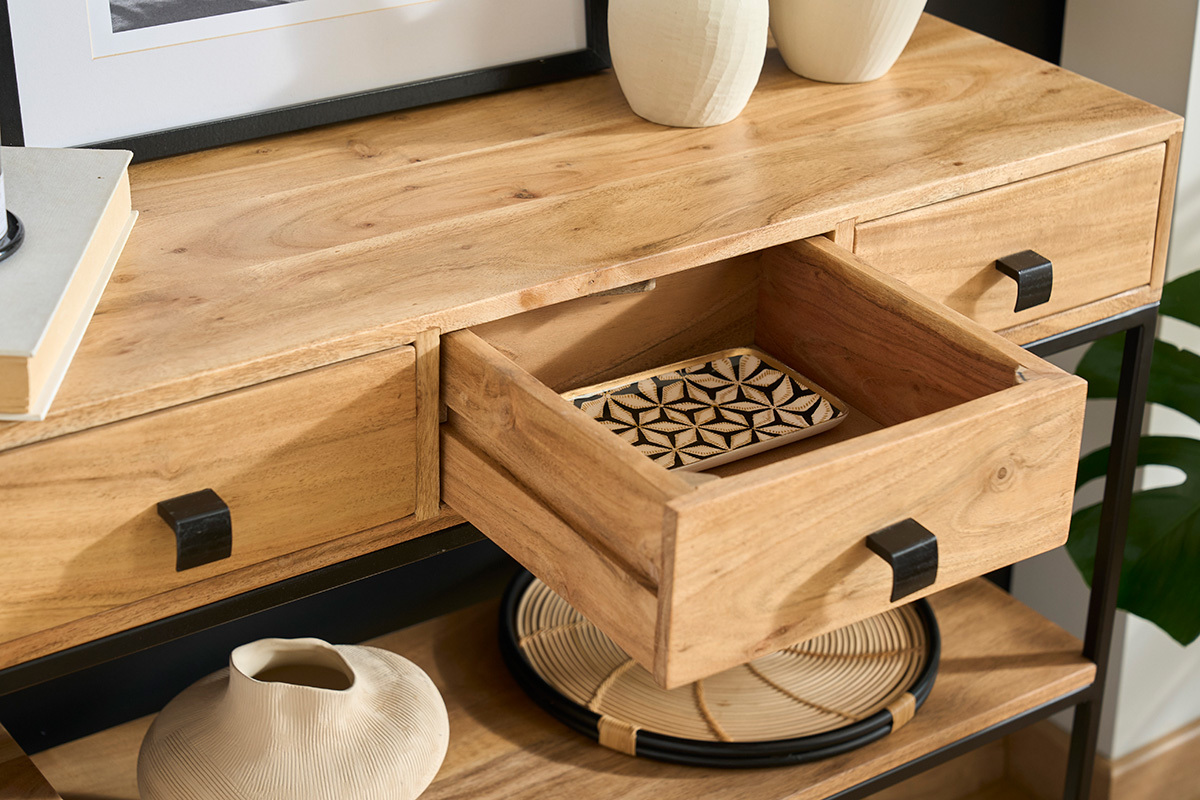 Console industrielle avec rangements 4 tiroirs en bois massif et mtal noir L115 cm GRENELLE