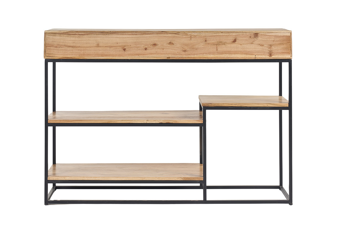 Console industrielle avec rangements 4 tiroirs en bois massif et m�tal noir L115 cm GRENELLE