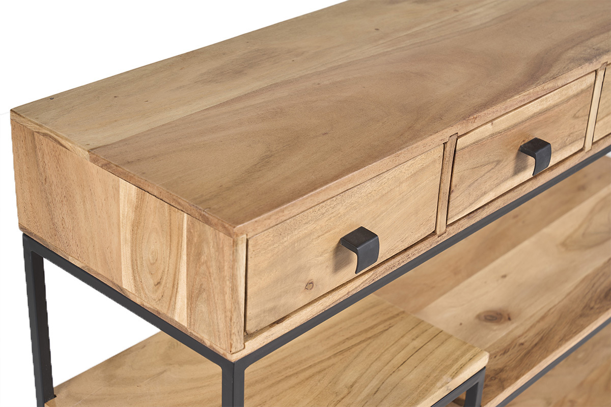 Console industrielle avec rangements 4 tiroirs en bois massif et m�tal noir L115 cm GRENELLE