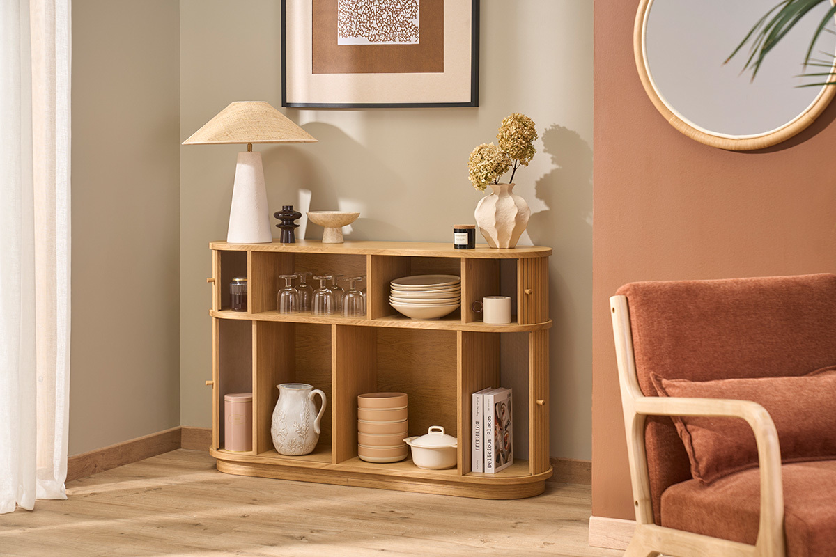 Console vintage en bois clair ch�ne avec portes coulissantes L120 cm EPIC