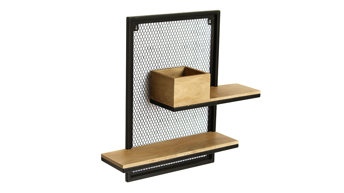 Etagre murale double en bois clair manguier massif et mtal noir L40 cm RACK