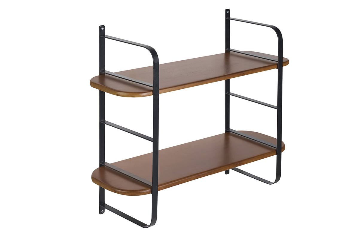 �tag�re murale en bois manguier massif teint� et m�tal noir L70 cm AKINA