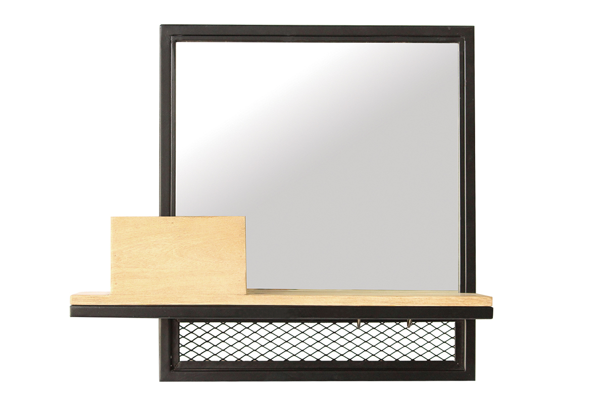 Etag�re murale industrielle avec miroir en m�tal et manguier massif L50 cm RACK