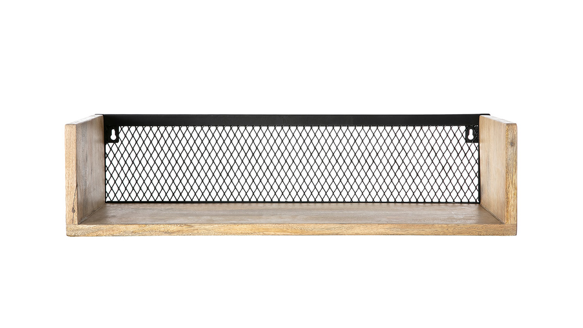 tagre murale industrielle en bois clair manguier massif et mtal noir L60 cm RACK