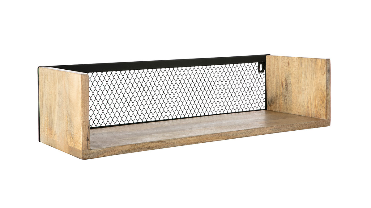 tagre murale industrielle en bois clair manguier massif et mtal noir L60 cm RACK