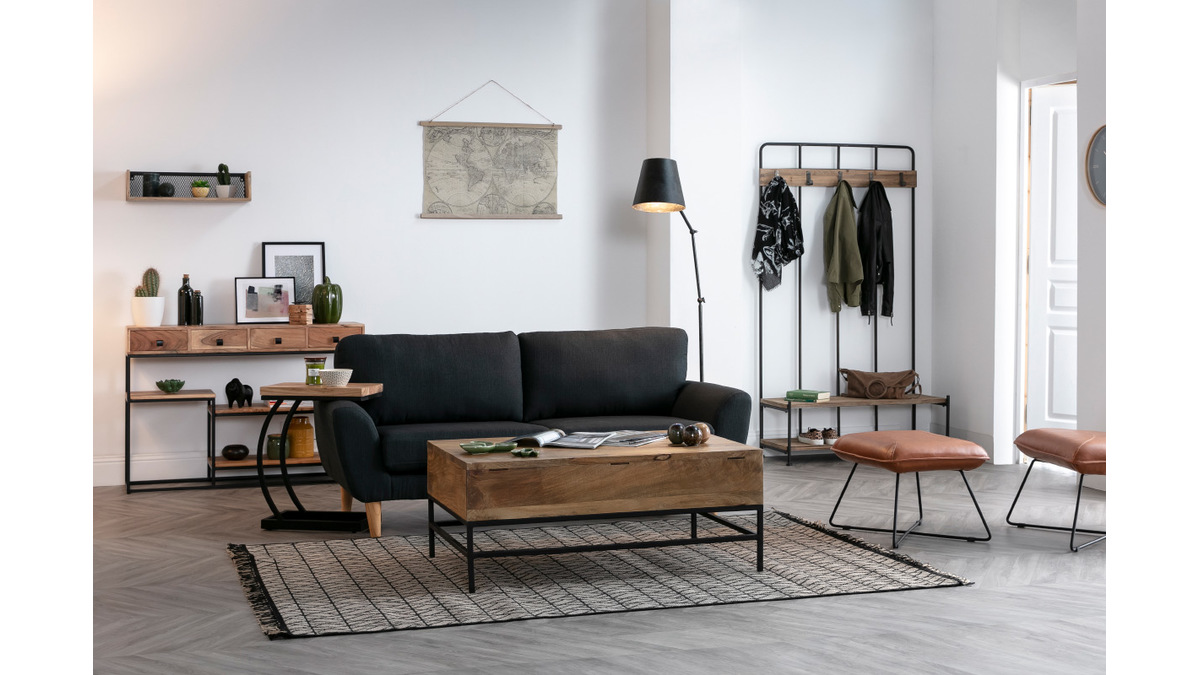 tagre murale industrielle en bois clair manguier massif et mtal noir L60 cm RACK