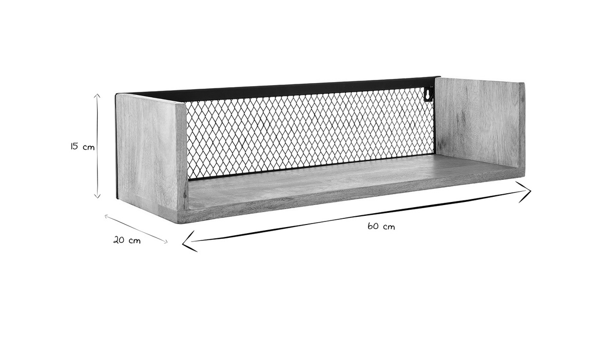 tagre murale industrielle en bois clair manguier massif et mtal noir L60 cm RACK