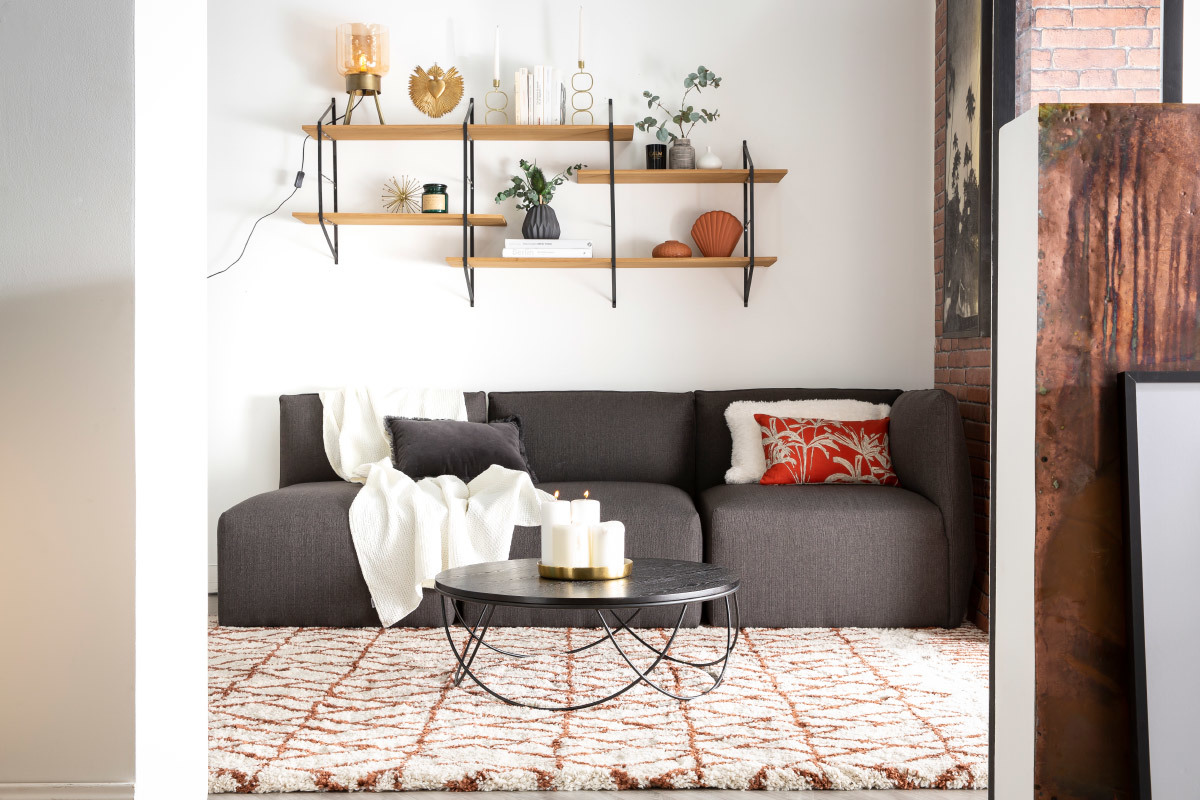 Etagère murale XL modulable en bois clair et métal noir L191 cm BRIDGE