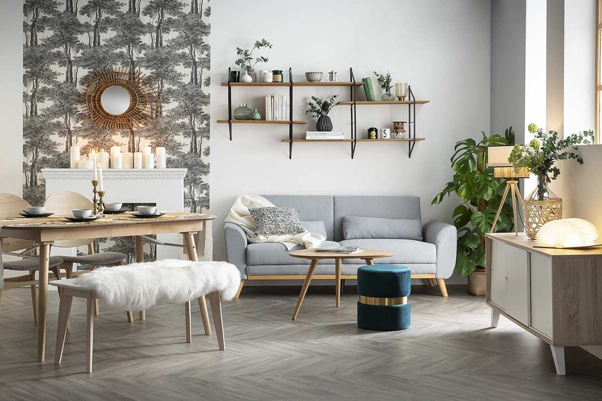 Etagère murale XL modulable en bois clair et métal noir L191 cm BRIDGE