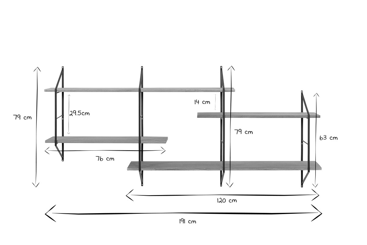 Etagère murale XL modulable en bois clair et métal noir L191 cm BRIDGE