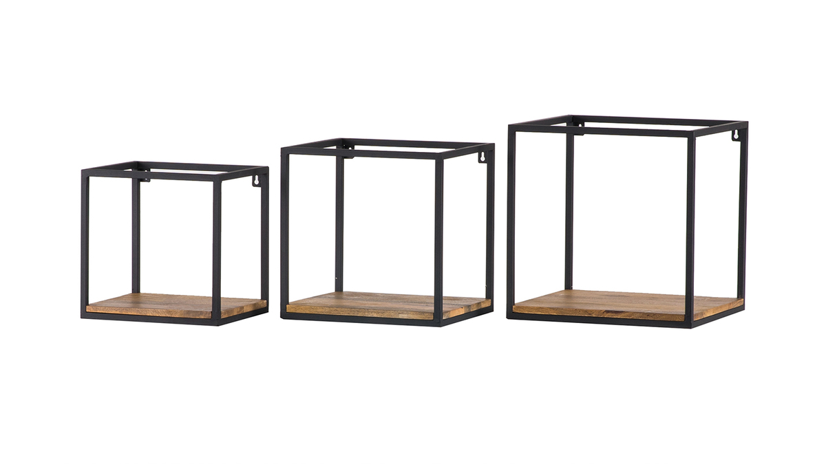 tagres murales carres en mtal noir et bois clair manguier massif (lot de 3) YPSTER
