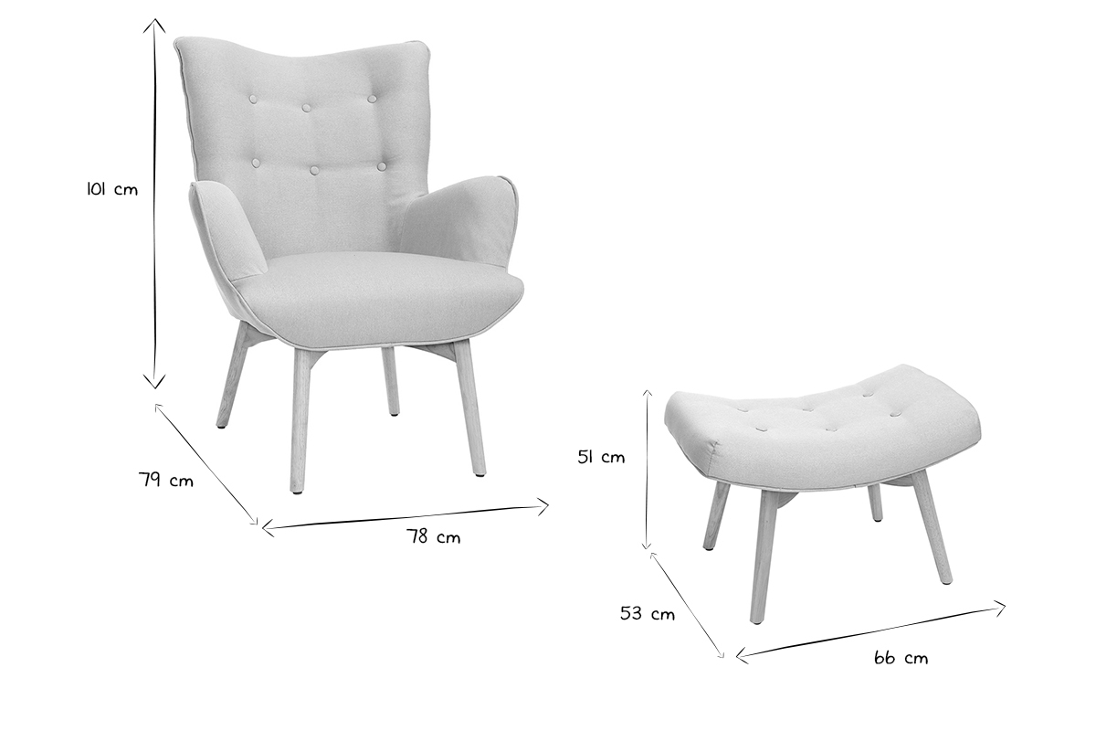Fauteuil avec repose-pieds scandinave en tissu bleu canard et bois clair BRISTOL