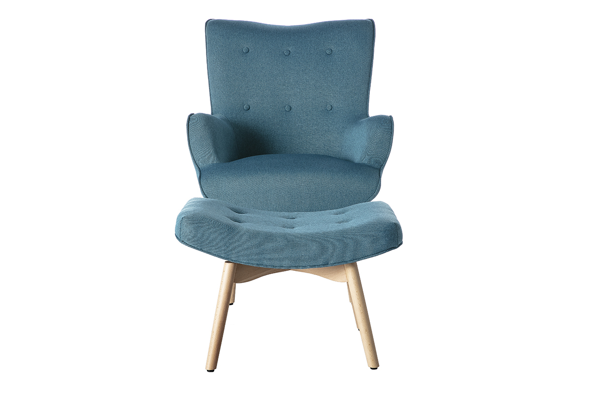 Fauteuil avec repose-pieds scandinave en tissu bleu canard et bois clair BRISTOL