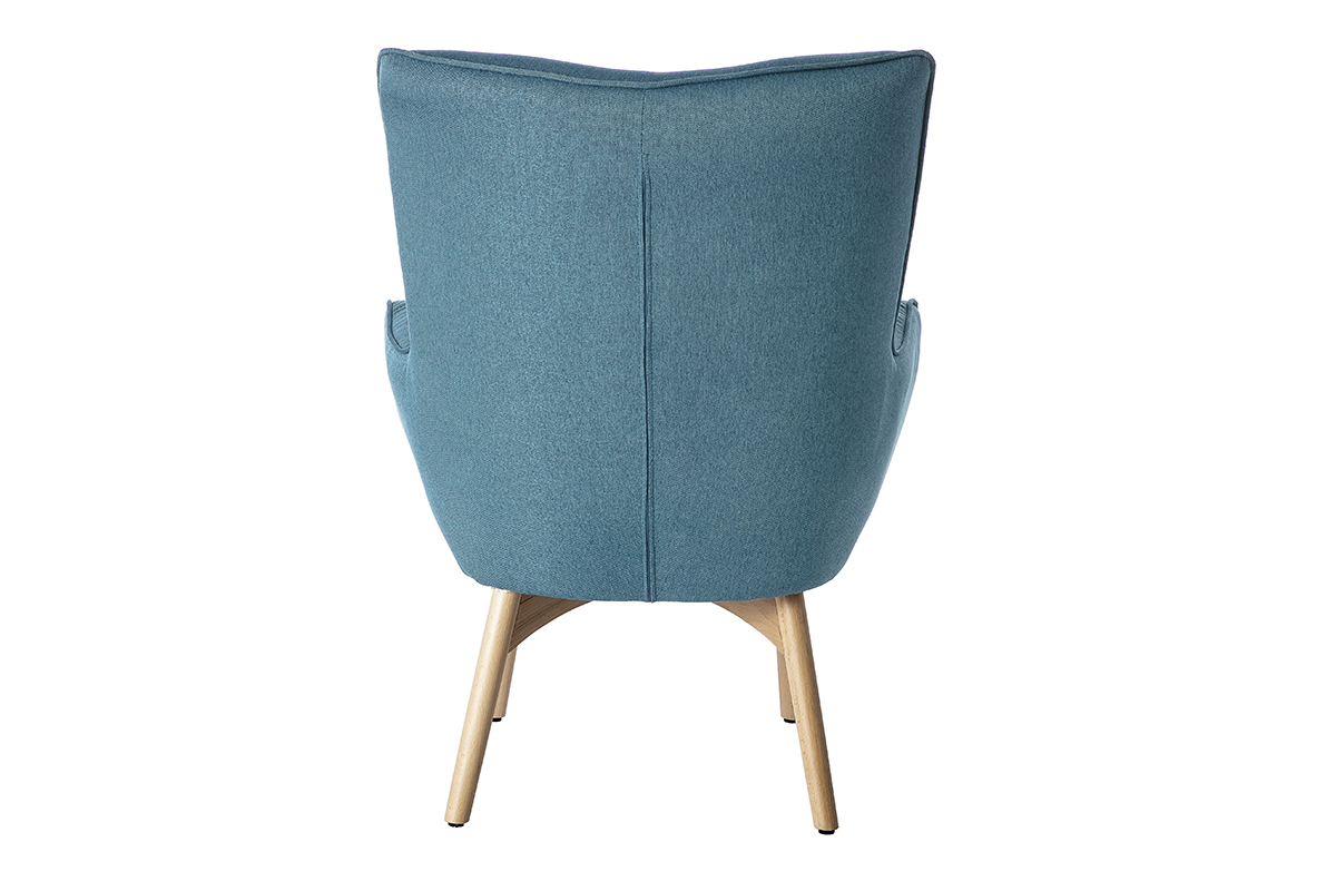 Fauteuil avec repose-pieds scandinave en tissu bleu canard et bois clair BRISTOL