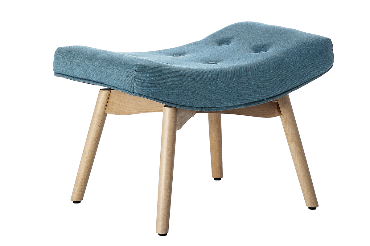 Fauteuil avec repose-pieds scandinave en tissu bleu canard et bois clair BRISTOL