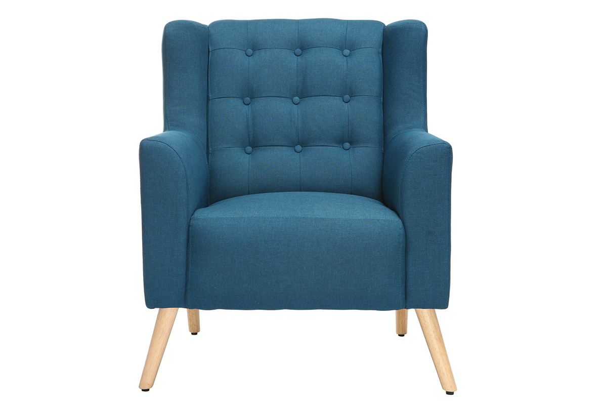 Fauteuil capitonn en tissu bleu canard et bois clair BRIGHTON