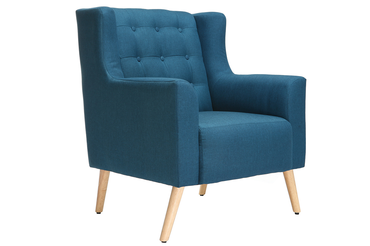 Fauteuil capitonn en tissu bleu canard et bois clair BRIGHTON
