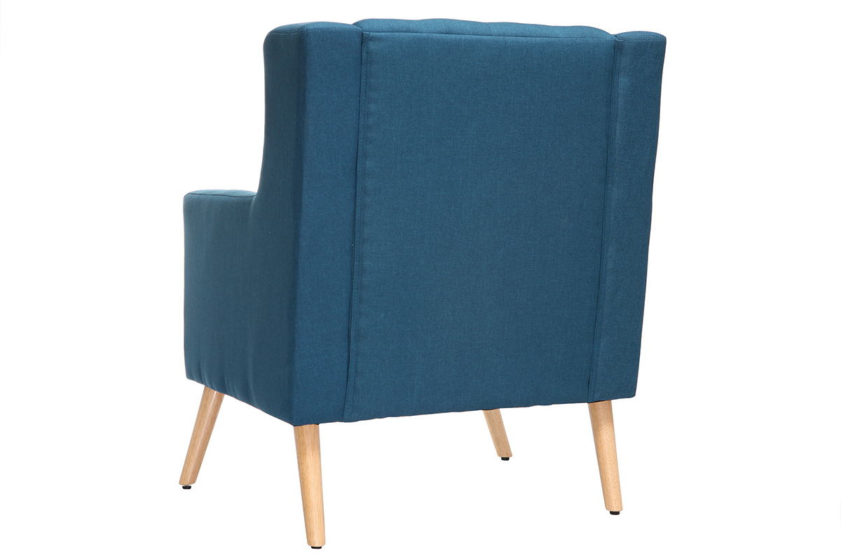 Fauteuil capitonn en tissu bleu canard et bois clair BRIGHTON