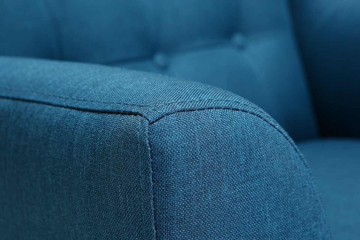 Fauteuil capitonn en tissu bleu canard et bois clair BRIGHTON