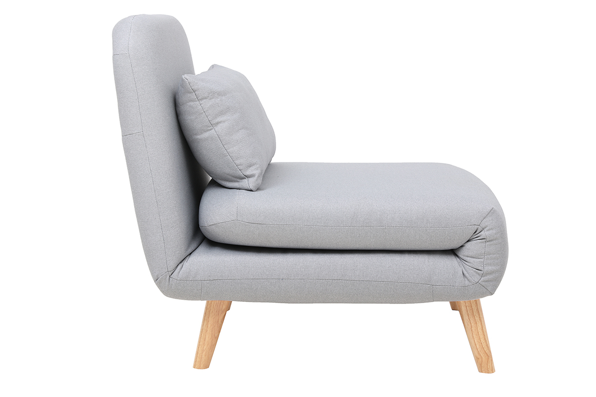 Fauteuil convertible scandinave en tissu gris clair et bois clair AMIKO