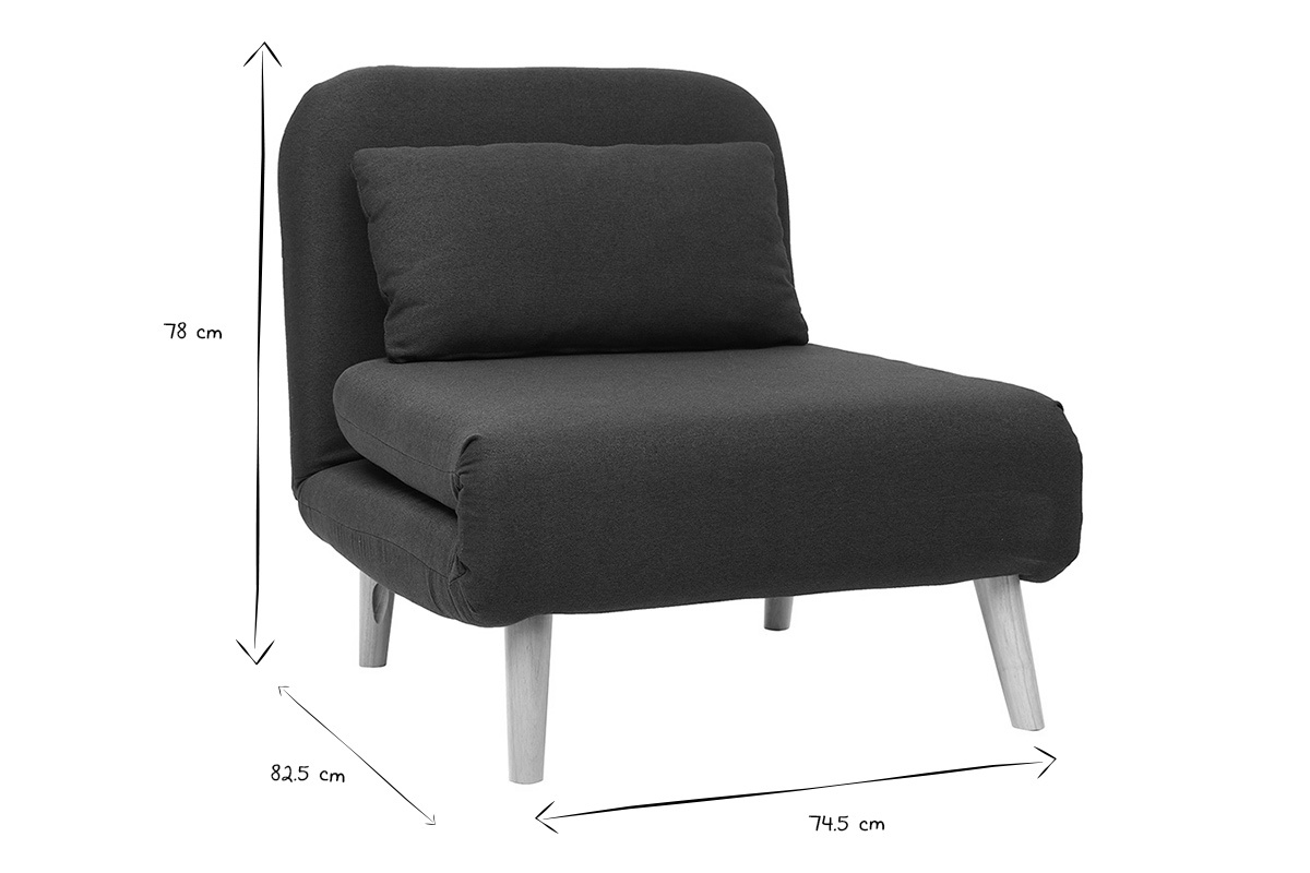 Fauteuil convertible scandinave en tissu gris fonc et bois noir AMIKO