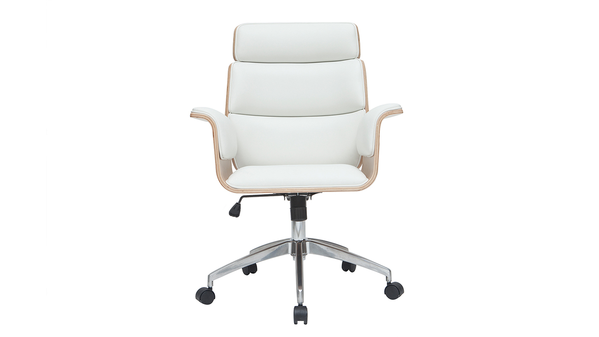 Fauteuil de bureau  roulettes design blanc, bois clair et acier chrom ELON