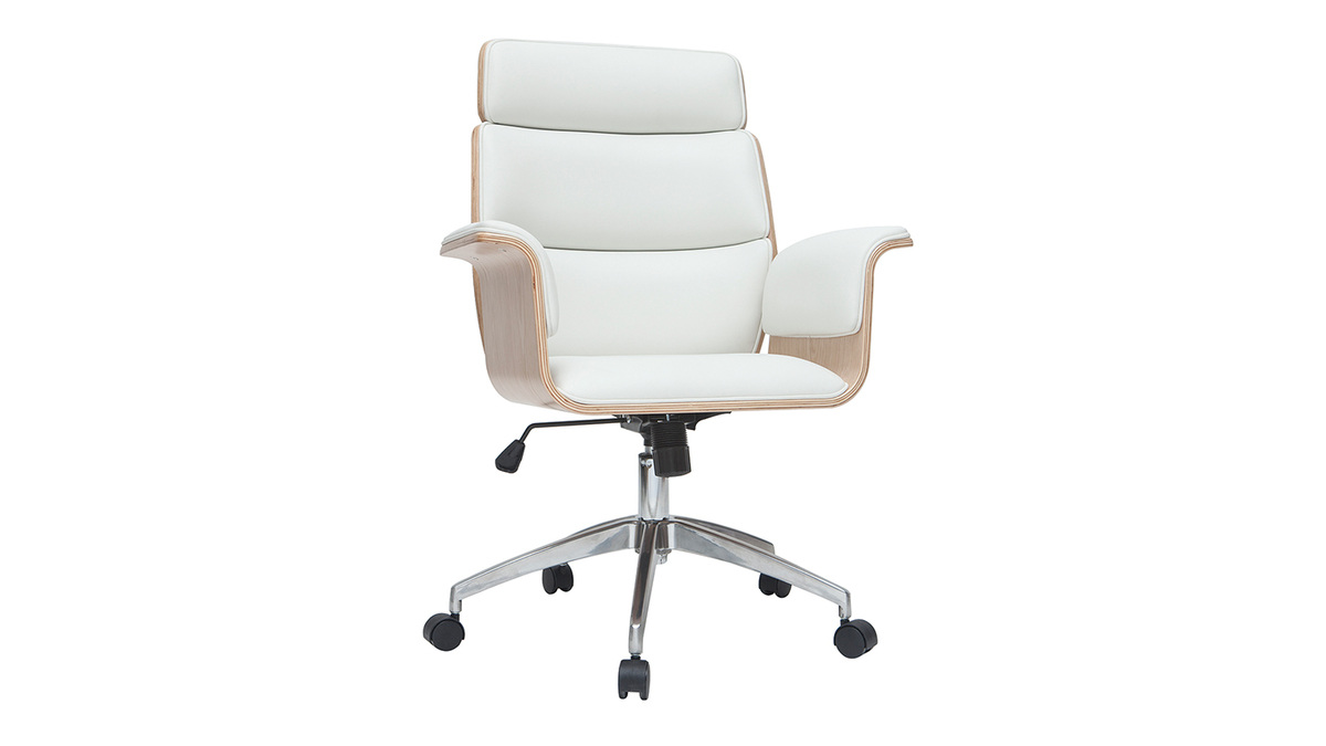 Fauteuil de bureau  roulettes design blanc, bois clair et acier chrom ELON