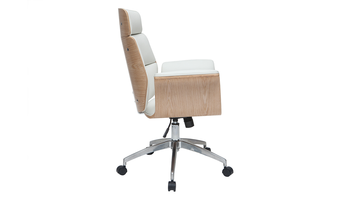 Fauteuil de bureau  roulettes design blanc, bois clair et acier chrom ELON