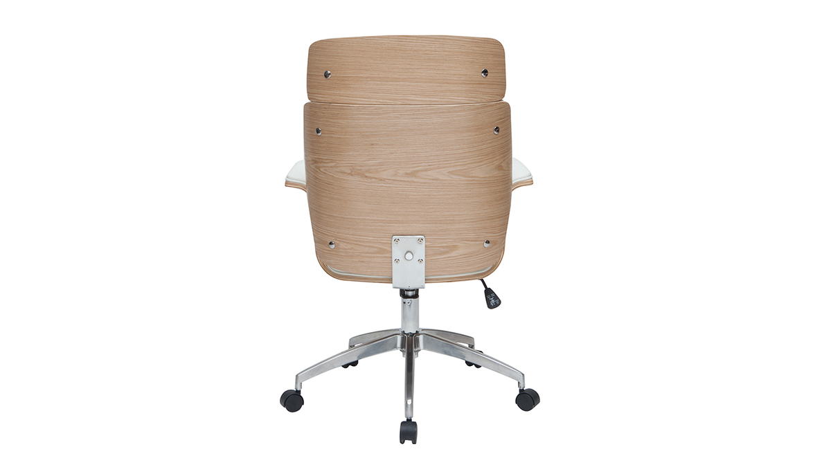 Fauteuil de bureau  roulettes design blanc, bois clair et acier chrom ELON