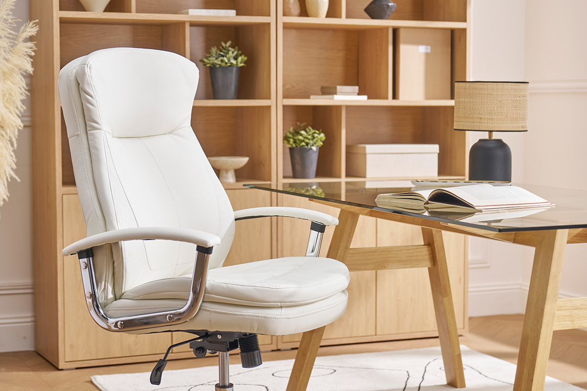 Fauteuil de bureau  roulettes design blanc et acier chrom WALL STREET